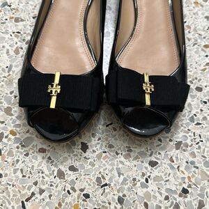 Tory Burch Black Peep Toe Flats with Gold Accent